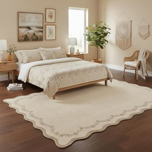 6x9 Scalloped Area Rug Blue Washable Rugs for Living Room Bedroom, Soft Low Pile Non Slip Accent Floor Mat Solid Floral Print Throw Rug Farmhouse Indoor Carpet for Dorm Playroom