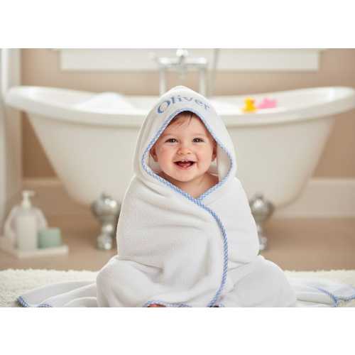 Baby boys personalized hooded bath towel blue gingham trim embroidered baby shower gift