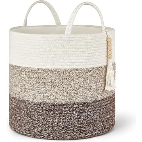 Mkono Woven Storage Basket Decorative Natural Rope Basket Wooden Bead Decoration for Blankets,Toys,Clothes,Shoes,Plant Organizer Bin with Handles Living Room Home Decor, 16"W × 13.8"L