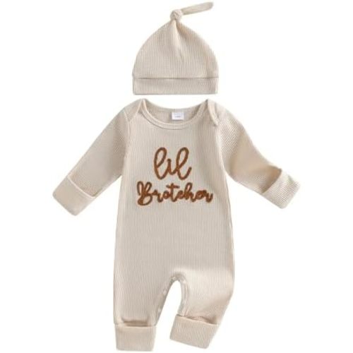 Little Brother Newborn Coming Home Outfit Spring Baby Boy Set with Hat Cute Romper 0-6M