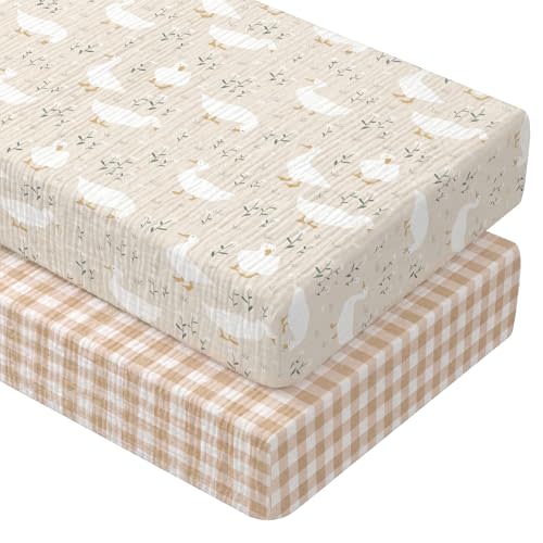 Breling 2 Pcs Muslin Silly Goose and Khaki Gingham Crib Sheets, 52"X 28" | Soft Breathable Brown Plaid 100% Cotton Baby Standard Mattress Cover, Fitted for Girl Boy Nursery Mattress, Washable