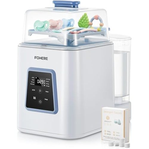FOHERE Baby Bottle Washer and Sterilizer and Dryer, All-in-One 4-in-1 Machine with Dual Spray Arms, 28000Pa High-Pressure Wash, 210°F Steam, for New Parents, Newborn Gifts