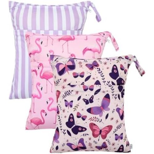 babygoal Wet Dry Bags 3 Pack, Waterproof Travel Bags for Swimsuits, Beach, Pool, Gym,Food Storage and Wet Clothes(Butterfly,Flamingo,Stripe),3LN44-B