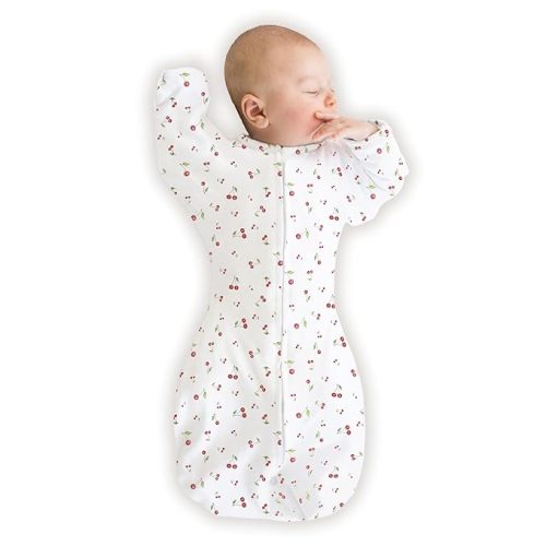 SwaddleDesigns Organic Transitional Swaddle Sack, Arms Up Swaddle with Half-Length Sleeves & Mitten Cuffs, Large, 6-9 Months, 21-24 lbs, Watercolor Little Cherries