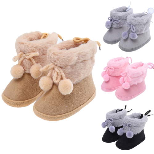 Newborn Infant Toddler Baby Girl Pom-Poms Fleece Snow Boots Winter Warm Soft Sole Crib Shoes Booties
