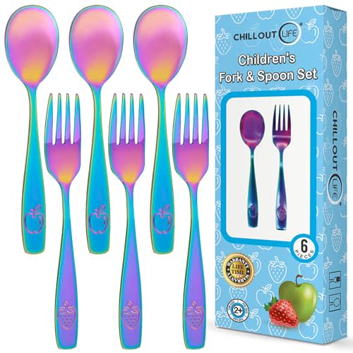 CHILLOUT LIFE Stainless Steel Kids Silverware Set 6 Pieces, UV Rainbow | With 3 Small Forks & 3 Small Spoons, Safe Flatware & Stainless Cutlery for Kids, Toddlers & Young Children