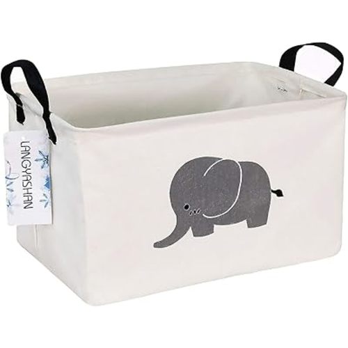 LANGYASHAN Rectangular Storage Bin Collapse Canvas Fabric Cartoon Storage Basket with Handles for Organizing Home Kitchen Boys and Girls Toys Office Closet Shelf Baskets (REC Elephant)