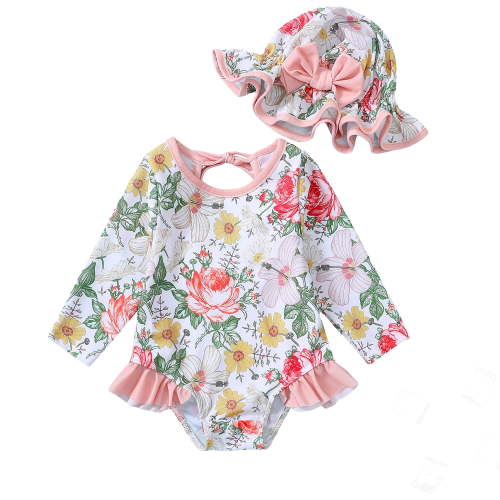 KIMI BEAR Infant Baby Girls Swimsuits Floral Long Sleeves Rash Guard Swimwear Hat Bathing Suit Set Pink 12-18 Months
