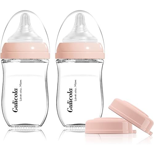 Natural Glass Baby Bottle for Breastfeeding Babies, Newborn Anti-Colic Bottle Set with Slow Flow Nipple, 0-3 Months, 5 oz, 2 Pack - Pink