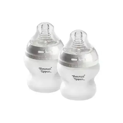Tommee Tippee Silicone Coated Glass Baby Bottles for Feeding, 5 0z, Anti-Colic, 0+ Months, Slow Flow Breast-Like Nipple, Shatter-Proof Glass, BPA Free, Pack of 2