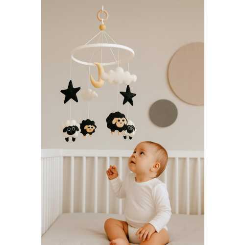 Lamb Baby Crib Mobile for the baby room. Black white baby mobile for decoration.Size:12x11.5x3