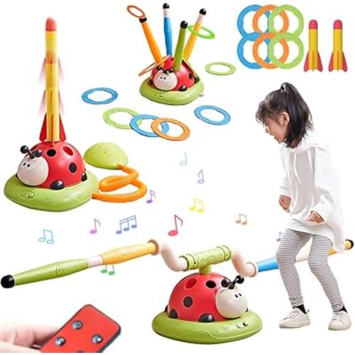 3 in 1 Musical Jump, Toss Ring Game and Stomping Launch Rocket Launcher for Kids Outdoor Toys with Remote Control, Indoor Outside Toy for Kids Ages 4-8 Toys for Ages 5-7 8-13 Birthday Gifts