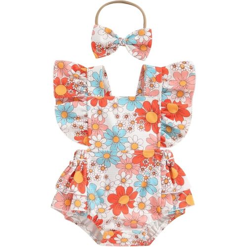 Infant Baby Girl Summer Clothes Outfits Cute Print Fly Sleeve Romper Jumpsuit Bodysuit with Headband