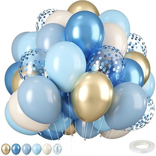 Dusty Blue and Gold 12 Inch Chrome Confetti Balloons - Pastel Blue, Sand, White for Boy Baby Shower Decorations, Gender Reveal, Birthday Party Supplies