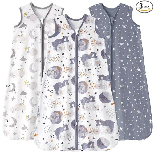 Baby Sleep Sack 12-18 months, 100% Cotton Sleeping Sack for Newborn and Infant, 3 Pack Baby Wearable Blanket for Boy and Girl, 0.5 Tog Lightweight Double Zipper Sleep Bag Grey Moon Bear
