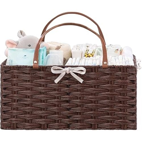 HBlife Large Diaper Caddy Organizer, Washable Waterproof, Portable Plastic Wicker Woven Basket with Divider, Nursery Diaper Station, Baby Shower Gifts Basket & Car Organizer