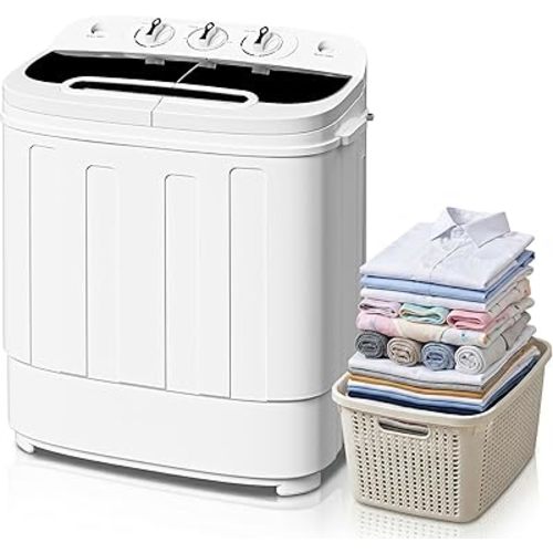 SUPER DEAL Compact Mini Twin Tub Washing Machine 13lbs Capacity Portable Washer Wash and Spin Cycle Combo, Built-in Gravity Drain for Camping, Apartments, Dorms, College, RV’s and Small Spaces