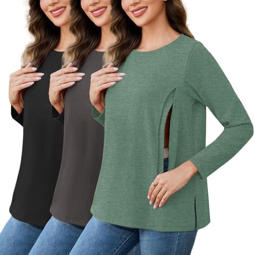 Liu & Qu 3 Pack Womens Oversized Nursing Tops Hidden Zippers Long Sleeves Breastfeeding Shirts Side Split Maternity Clothes