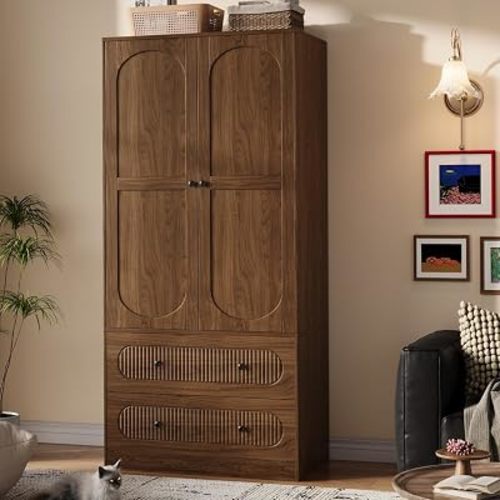 2 Doors Freestanding Armoire Wardrobe Closet, 68.8" Wardrobe Armoire Wooden Closet Large Capacity Storage with 2 Drawers & 1 Hanging Rod Shelf Clothes Organizer Walnut 1PC