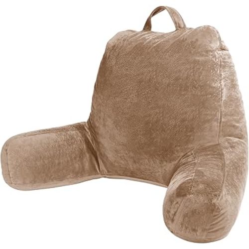 Sasttie Reading Pillow, Velvet Back Pillow for Bed Sitting Up, Adult Back-Rest Support Cushion with Arms for Sit Up on Couch, Sofa, and Floor, Dorm Essentials, Reading Accessories, Light Brown
