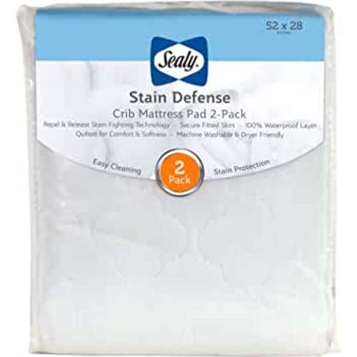 Sealy Stain Defense 2-Pack Fitted Toddler Bed and Baby Crib Mattress Pad Protector, Noiseless, Machine Washable and Dryer Friendly, 52" x 28" - White