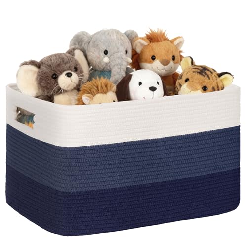 72L Large Woven Laundry Basket Hamper with Handles, Gradient Blue | collapsible wicker hamper, storage for dirty clothes, toys, blankets, gifts, living room, bedroom, bathroom, 22"x17"x12"