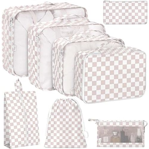 KPX 8 Set Packing Cubes for Travel, Luggage Packing Organizers Accessories Large Toiletries Bag for Clothes Shoes Cosmetics (8Set-Nude Pink Plaid)