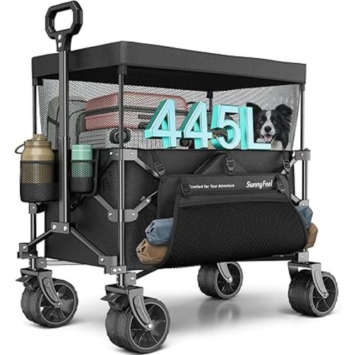 SUNNYFEEL 445L Extra Large Folding Wagon Cart with Canopy, 440 LBS Heavy Duty Collapsible Utility Cart with All-Terrain Wheels, 3-in-1 Portable Wagon for Garden, Groceries, Camping, Beach, Shopping