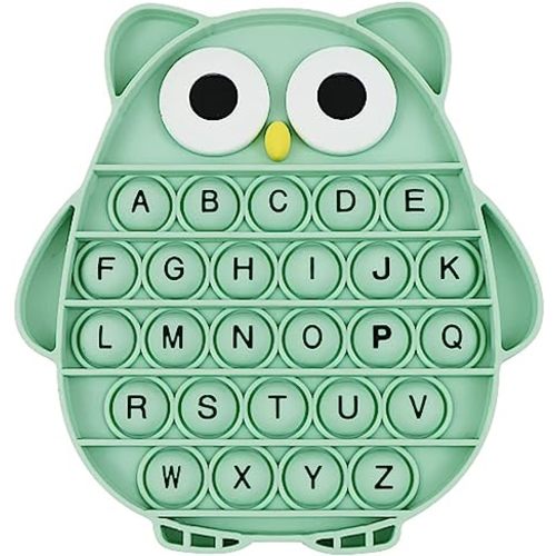Push Pop Bubble Fidget Sensory Toy, Silicone Stress Relief Popping Toy, ABC Alphabet Owl Shaped Educational Learning Tools for Toddlers Kids Students (Black Letters-Green)