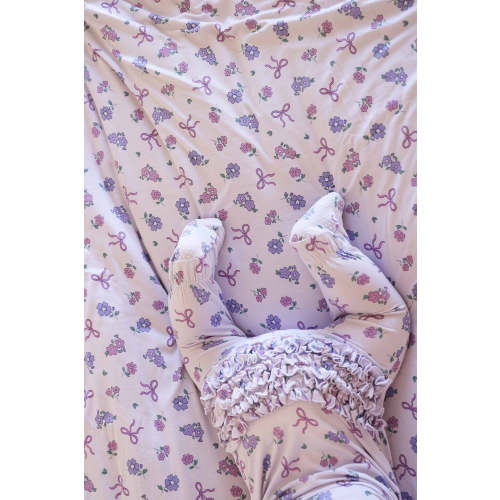 Ribbon & Roses Ruffle Zipper Footie in Purple | Caden Lane