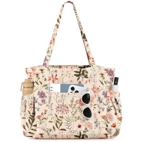 Cute Corduroy Tote Bag for Women - Large Capacity Multi-Pocket Shoulder Bag with Zipper