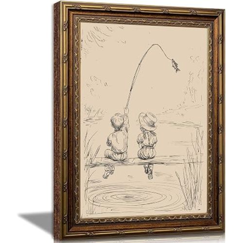 Vintage Gold Framed Wall Art, child Fishing Sketch Canvas Print, 11x9 In