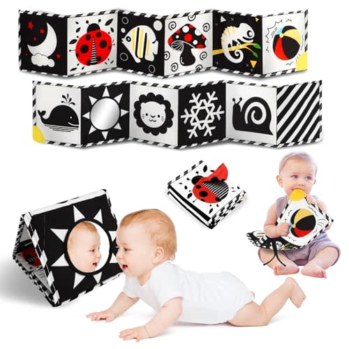 Tummy Time Toys, High Contrast Baby Book with Mirror & Teether, Black and White Infant Books, 0-6-12 Months Soft Book for Newborn, Sensory Books, Tummy Time Car Seat Toys 0-6 Month Boy Girl Gift