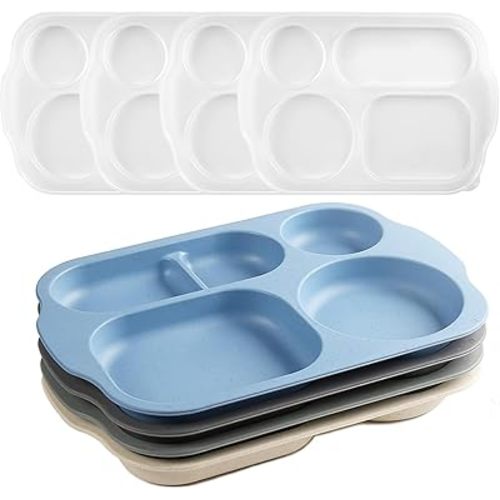 Divided Plates with Lids for Kids Adults, 12 Inch (4PCS) Unbreakable Wheat Straw Section Plates, Large Lightweight Reusable Compartment Lunch Trays,BPA Free Dishwasher & Microwave Safe, LID NOT SEALED