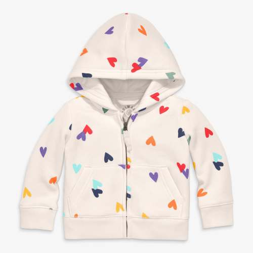 Baby cozy fleece zip hoodie in rainbow confetti hearts - Oat / confetti hearts / 12-18