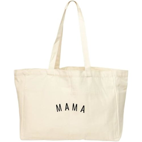 Sunflower Motherhood Mama Canvas Tote Bag With Six Pocket Organization - Cute Tote Bags For Baby Shower Gifts For Mom - Mommy Bag for Hospital or Diaper Bag, Natural