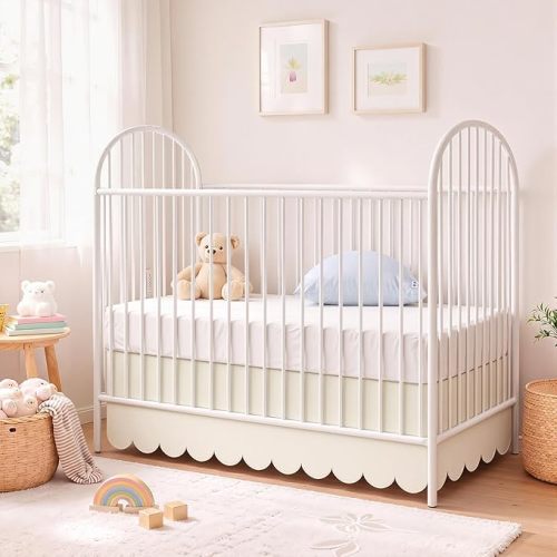 Hahafelt Scalloped Crib Skirt for Baby Girl Nursery, 28"x 52" with 14" Drop, 4-Sided Dust Ruffle, Soft Breathable Fabric, Elegant Nursery Decor, Fits Standard Crib, Beige