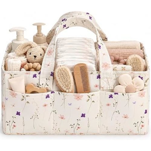 PeraBella Baby Diaper Caddy Organizer, Floral Baby Basket Shower Gift, Nursery Organizer Basket Newborn Boy& Girl Essential Items, Changing Table Organizer Caddy for Baby Stuff, Car Caddy-Cream Floral