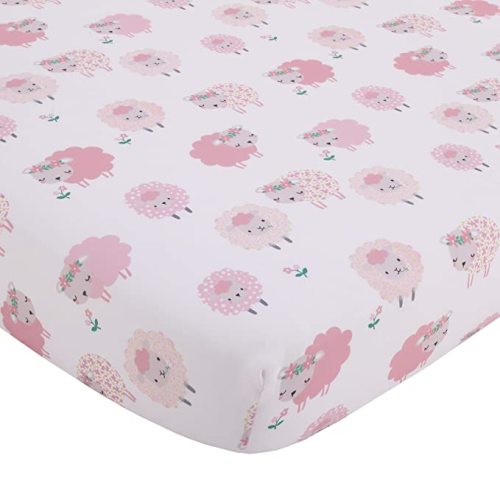 Little Lambs Pink, Grey & White Fitted Crib Sheet, Pink, Grey, White