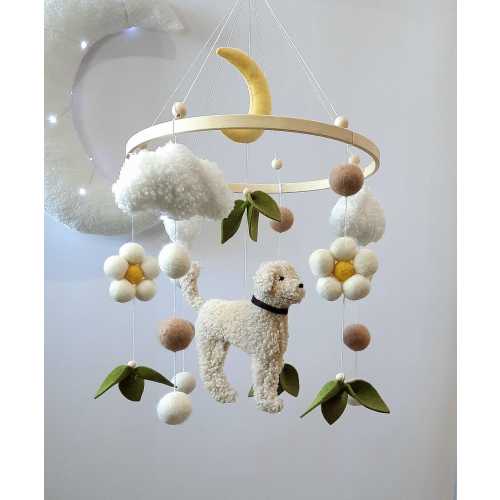 Baby mobile, mobile with a dog, goldendoodle in a crib, mobile with flowers, goldendoodle mobile, gift for a newborn.