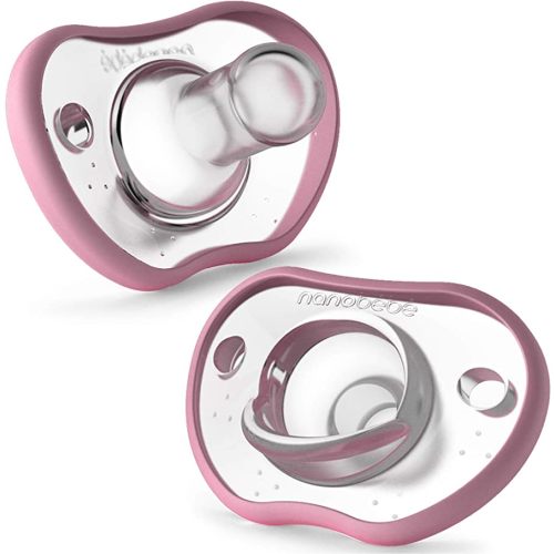 Nanobebe Baby Pacifiers 0-3 Month - Orthodontic, Curves Comfortably with Face Contour, Award Winning for Breastfeeding Babies, 100% Silicone - BPA Free. Perfect Baby Registry Gift 2pk,Pink