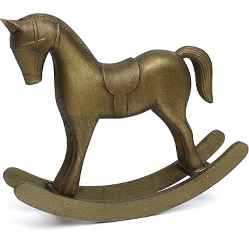 Wooden Rocking Horse for Decor, Vintage Antique Bronze Sculpture, Mini Decorative Figurine for Home, Cabinet, Table, Desktop Shelf, Centerpiece, Rustic Collectible Animal Statue, Christmas Ornament