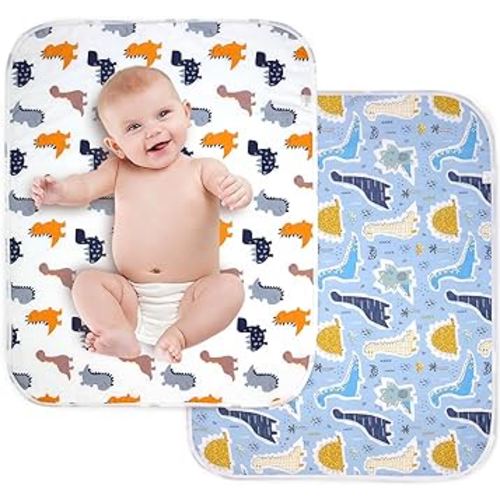 2Pcs Diaper Changing Pads for Baby, Dinosaur Change Mat, 3Layers Waterproof Change Pad Foldable Absorbent Mats for Women, Reusable Incontinence Underpads for Patient 24''x30'' (Colorful Dinosaur)