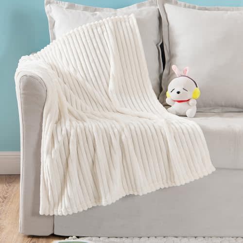 MIULEE Super Soft Throw Blanket with Stripe Pattern for Lightweight Fleece Warm Plush Cozy Bed Blanket 30"x40", Cream White