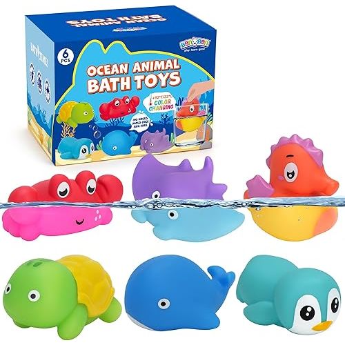 BenBen Bath Toy, 6PCS Color Changing Bath Toys for Kids Ages 1-3, No Holes Baby Bath Toys for Toddlers 2-4, Ocean Sea Animal Bathtub Toys