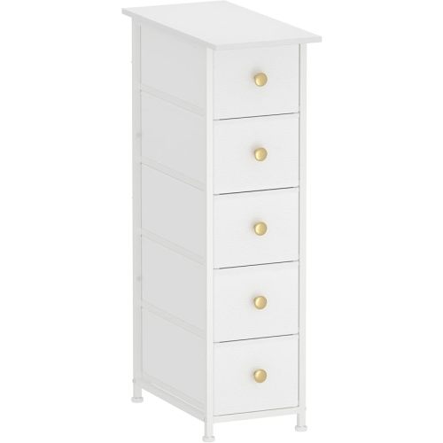 GiftGo Narrow Dresser Cabinet Vertical Slim Dresser Chest of Drawers Skinny Storage Tower for Small Spaces Gaps Closet Bedroom Bathroom Small Fabric Drawer Unit (White, 5 Drawers)