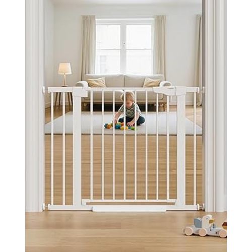 Cumbor 29.7-40.6" Baby Gate for Stairs, Mom's Choice Awards Winner-Dog Gate for Doorways, Pressure Mounted Auto-Close Pet Gates for Dogs Indoor, Safety Child Gate with Easy Walk Thru Door, White