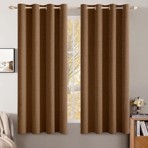 MIULEE 100% Blackout Linen Curtains for Bedroom 52x63 Inches Brown | Room Darkening, Light Blocking, Thermal Insulated, Grommet Top, Linen Textured, Fall Curtains for Living Room, 2 Panels