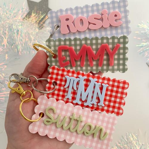 Gingham Acrylic Name Keychain: Custom Name Bag Tag