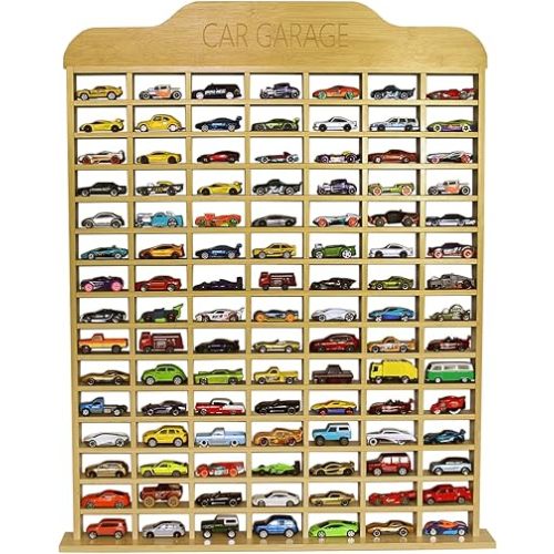 Car Garage Toy Shelf Display - Wall Mount for 1/64 Diecast Toy Cars - Wooden Wheels Shelf - Gift for Collectibles - Wall-Mounted Toy Car Storage Cabinet (105 Cars)